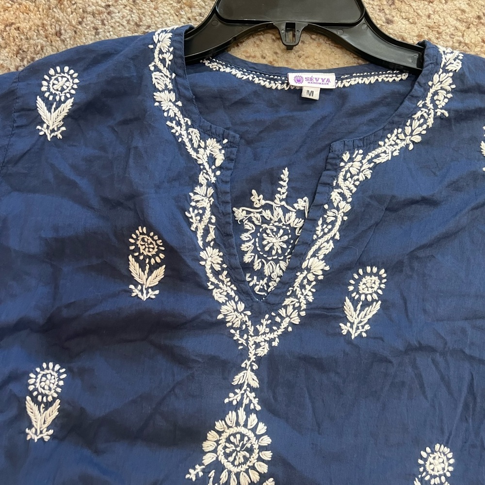 SEVYA 100% Cotton Blue Hand Embroidered 3/4 Sleeve Tunic Dress Beach Cover M - Picture 9 of 11